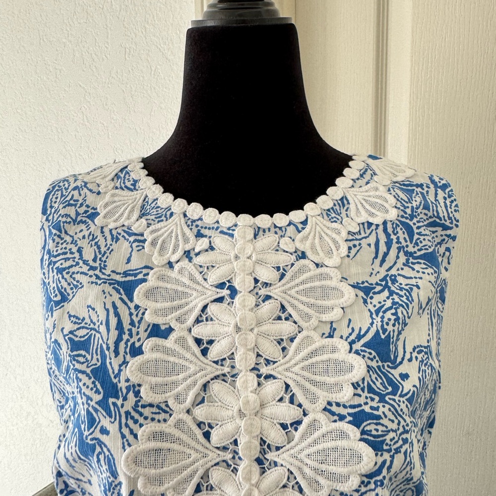 Lilly Pulitzer Sz 14 MELANI SHIFT DRESS Coastal Blue Fancy Feet with White Lace - Picture 6 of 14